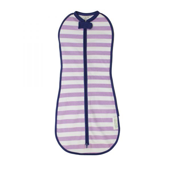 Original Lightweight breathable Swaddle Purple Stripe Navy Trim Woombie